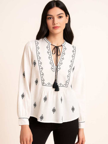Embroidered Boho Blouse with Tassel Tie – White & Black Detailing