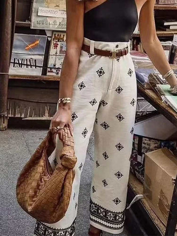 Boho High-Waist Wide-Leg Trousers – Embroidered Detailing