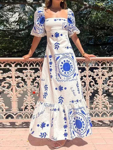 Blue & White Bohemian Maxi Dress – Puff Sleeve Elegance