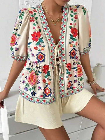 Floral Tapestry Tie-Front Blouse