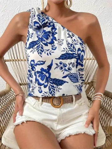 One-Shoulder Blue Floral Top – Chic Summer Style