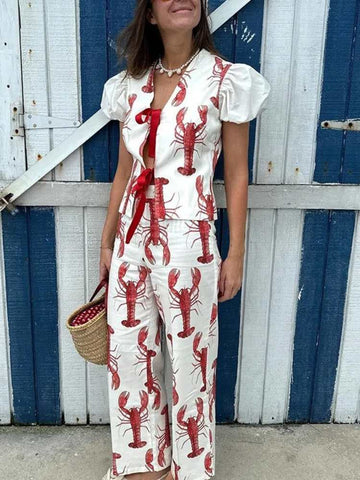 Lobster Print Co-ord Set – Vest & Wide-Leg Trousers