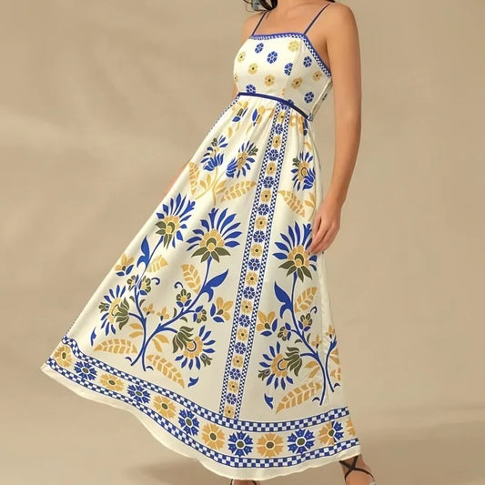 Mediterranean Floral Maxi Dress – Elegance & Lightness