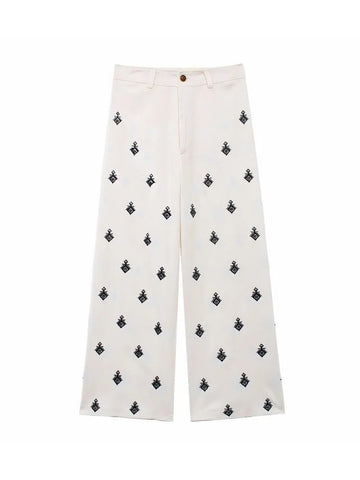 Chic Wide-Leg Cream Pants with Geometric Embroidery