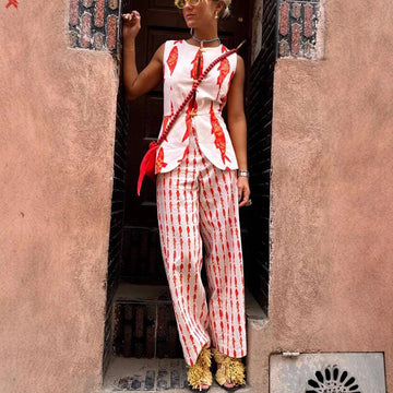 Red Fish Print Co-ord Set – Vest & Wide-Leg Trousers