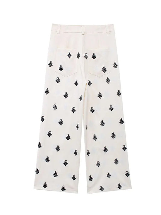 Chic Wide-Leg Cream Pants with Geometric Embroidery
