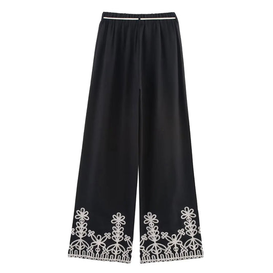 Elegant Boho Wide-Leg Pants with Embroidered Hem