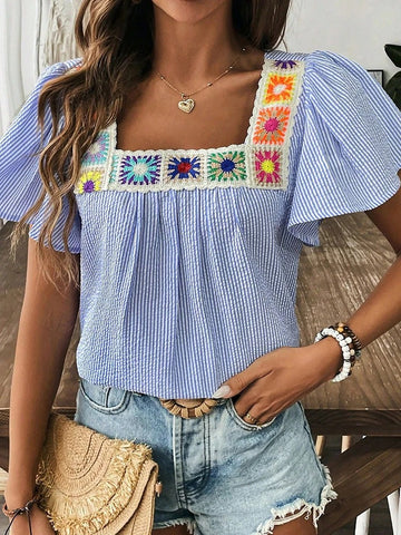 Striped Crochet-Trim Blouse