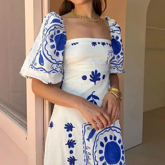 Blue & White Bohemian Maxi Dress – Puff Sleeve Elegance