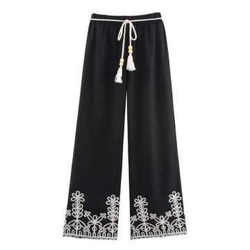 Elegant Boho Wide-Leg Pants with Embroidered Hem