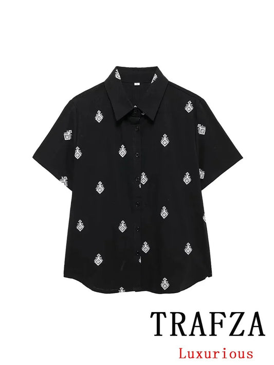 Classic Short-Sleeve Button-Down Blouse with Minimalist Embroidery