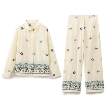 Embroidered Two-Piece Set – Shirt & Wide-Leg Trousers