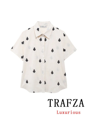 Classic Short-Sleeve Button-Down Blouse with Minimalist Embroidery