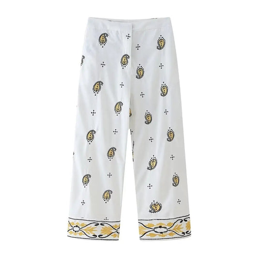 Wide-Leg Pants with Paisley Print & Border Detail
