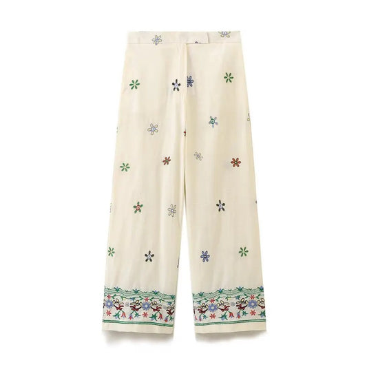 Embroidered Two-Piece Set – Shirt & Wide-Leg Trousers