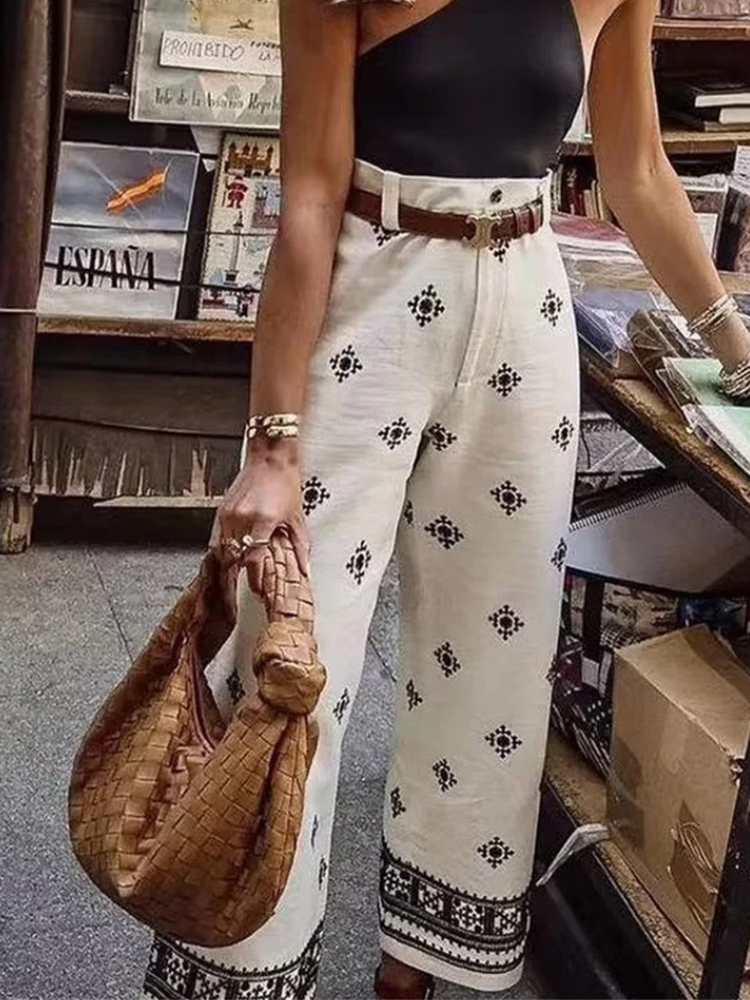 Boho High-Waist Wide-Leg Trousers – Embroidered Detailing