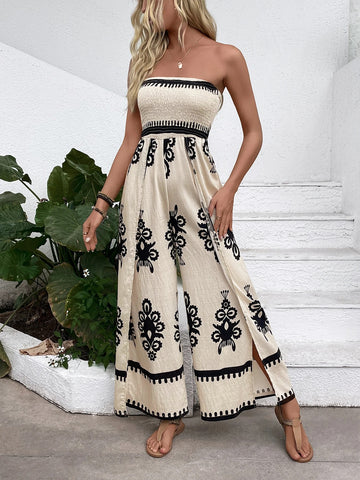 Embroidered Bandeau Wide-Leg Jumpsuit