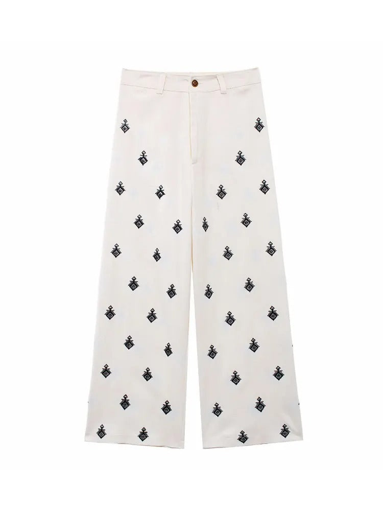 Chic Wide-Leg Cream Pants with Geometric Embroidery