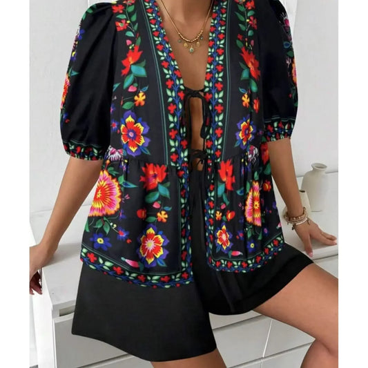Floral Tapestry Tie-Front Blouse
