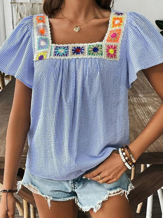 Striped Crochet-Trim Blouse