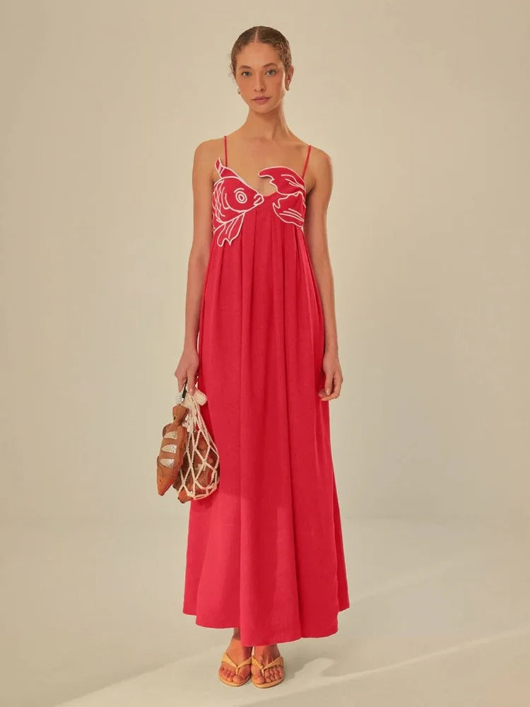 Red Maxi Dress with Artistic Fish Embroidery – Bold & Effortless