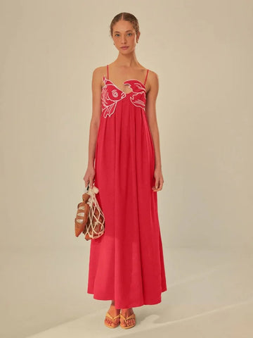 Red Maxi Dress with Artistic Fish Embroidery – Bold & Effortless