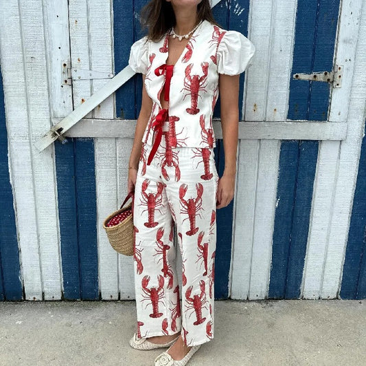 Lobster Print Co-ord Set – Vest & Wide-Leg Trousers