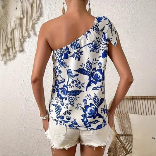 One-Shoulder Blue Floral Top – Chic Summer Style
