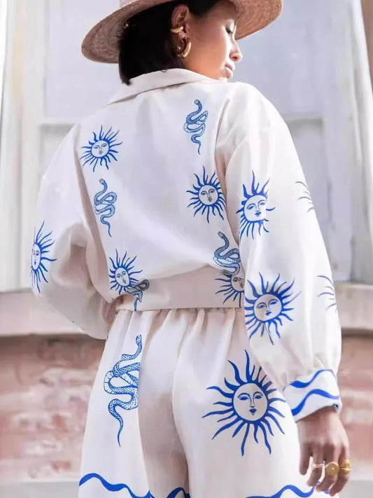 Printed Casual irt Cardigan orts Two-Piece Set Women's Spring Polyester Long Sve Collar Button up