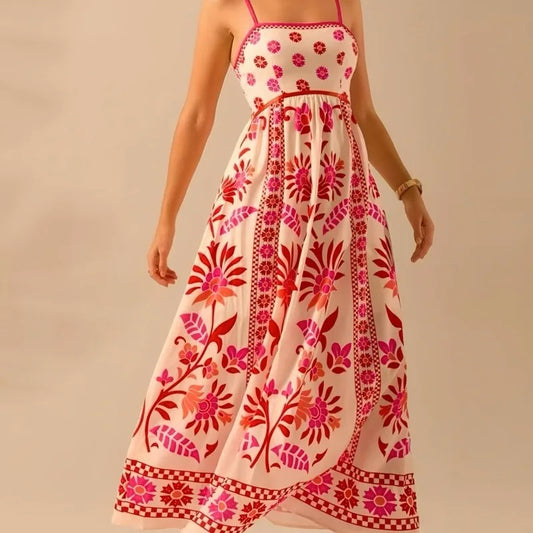 Bohemian Floral Maxi Dress – Vibrant Elegance in Red & Pink