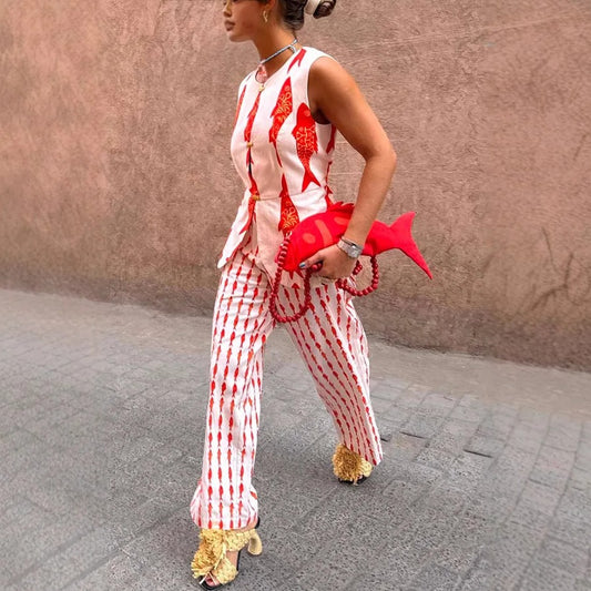 Red Fish Print Co-ord Set – Vest & Wide-Leg Trousers