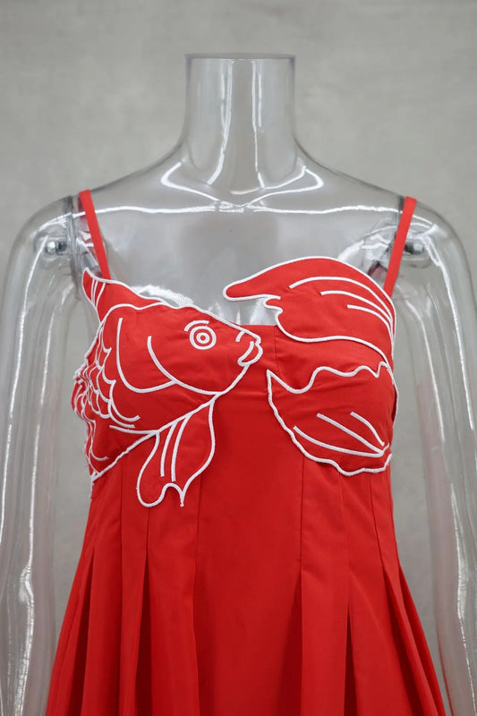 Red Maxi Dress with Artistic Fish Embroidery – Bold & Effortless