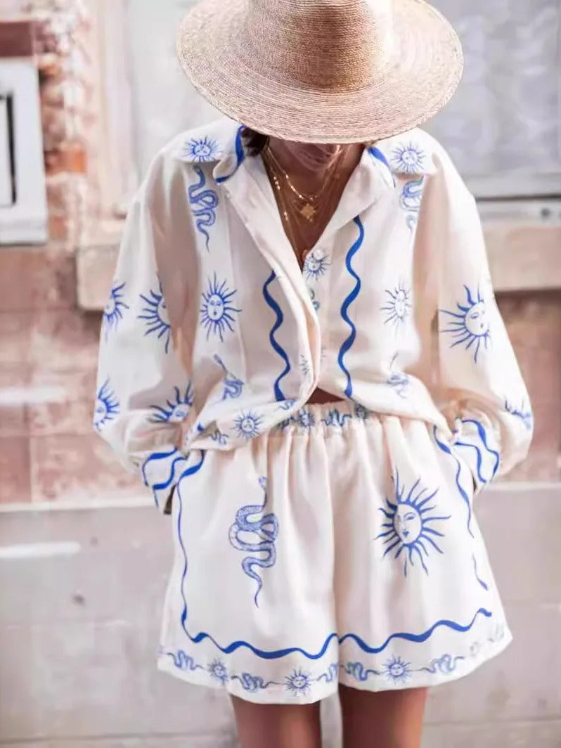 Printed Casual irt Cardigan orts Two-Piece Set Women's Spring Polyester Long Sve Collar Button up