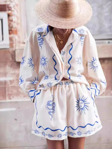 Printed Casual irt Cardigan orts Two-Piece Set Women's Spring Polyester Long Sve Collar Button up