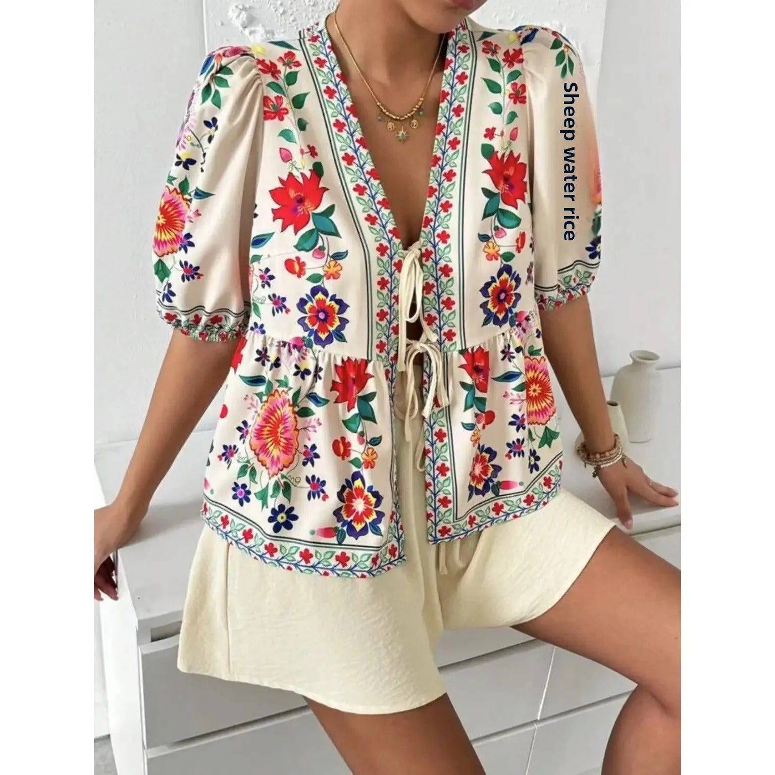 Floral Tapestry Tie-Front Blouse