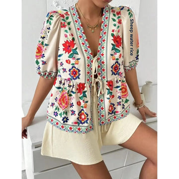Floral Tapestry Tie-Front Blouse