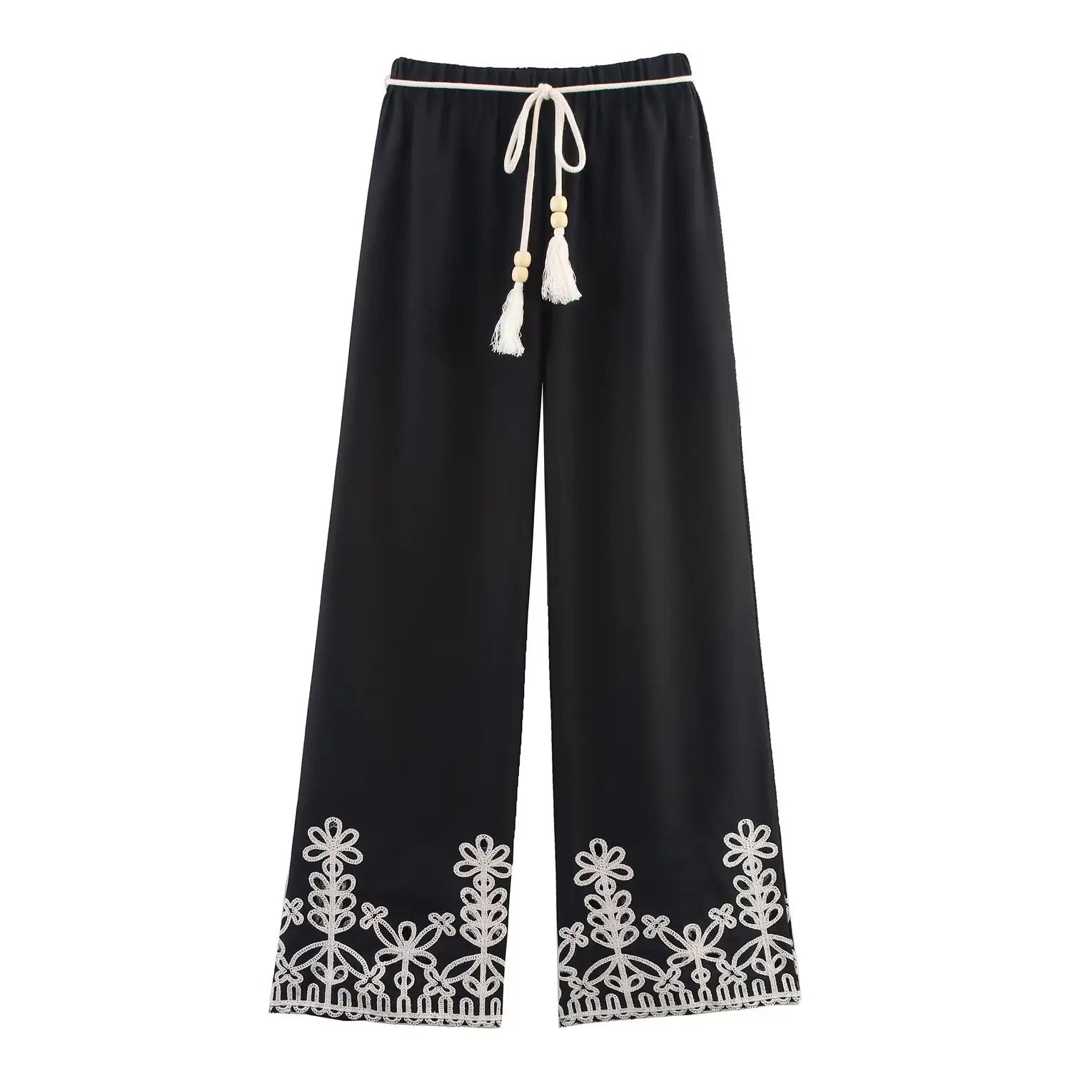Elegant Boho Wide-Leg Pants with Embroidered Hem