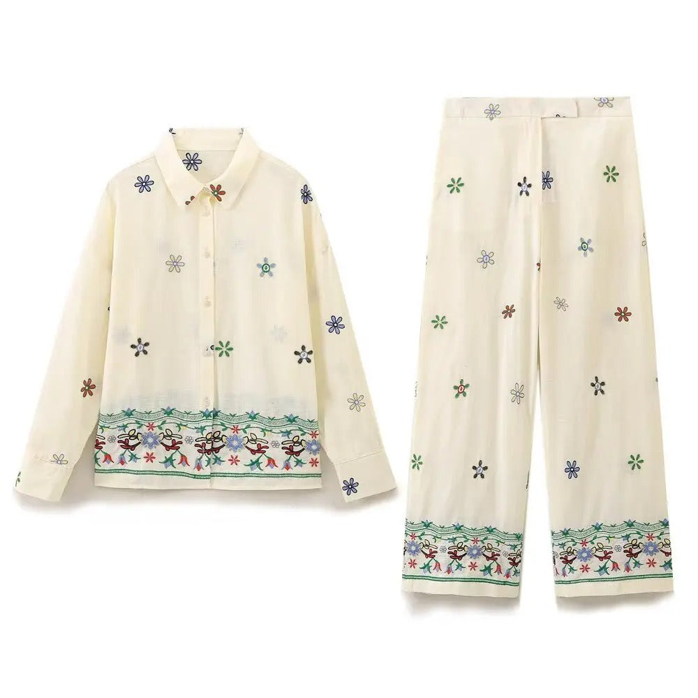 Embroidered Two-Piece Set – Shirt & Wide-Leg Trousers