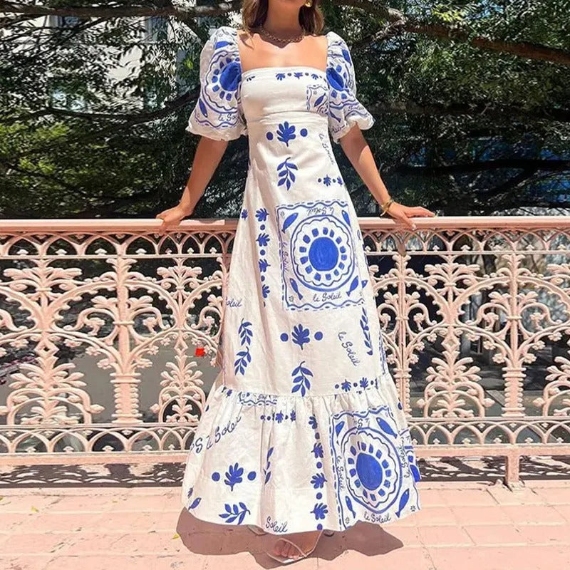 Blue & White Bohemian Maxi Dress – Puff Sleeve Elegance